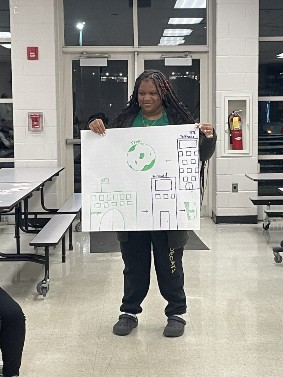 An OhanaHC student holding up a hand drawn poster at a club event.
