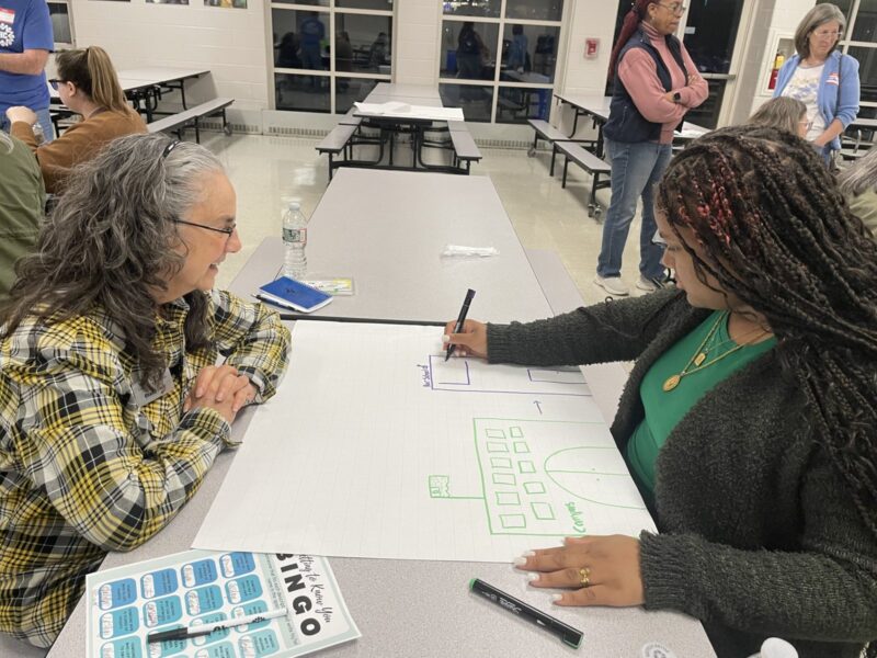 Two people at an OhanaHC session sketching a plan together on a large sheet of paper, a get to know you bingo card beside them