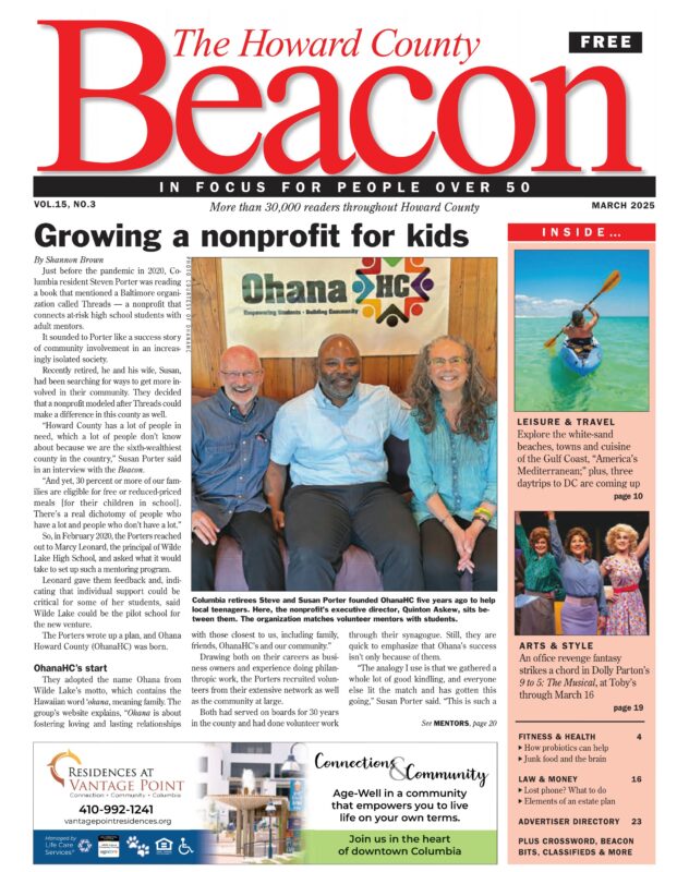 The March 2025 cover of The Howard County Beacon: Growing a nonprofit for kids, with Steve and Susan Porter and Quinton Askew under the OhanaHC banner