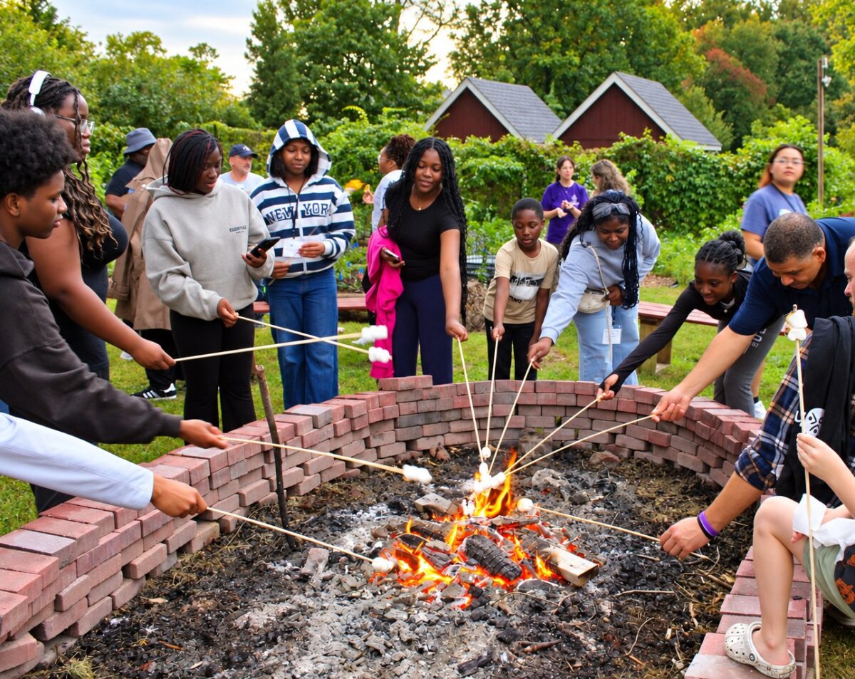 OhanaHC students and mentors roasting marshmallows together around the fire ring at the fall bonfire