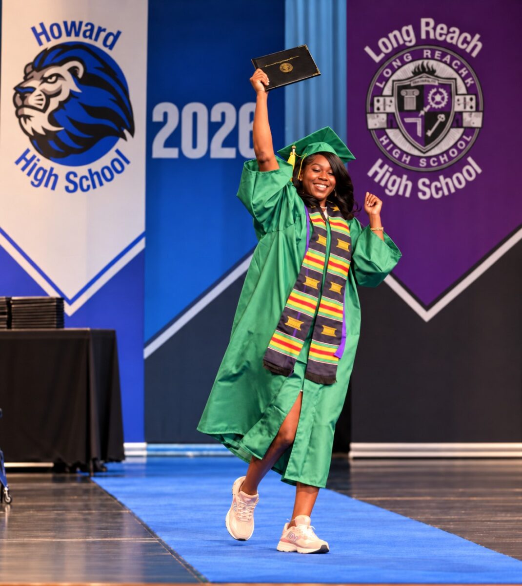 An OhanaHC graduate in a green cap and gown raising her diploma as she crosses the graduation stage