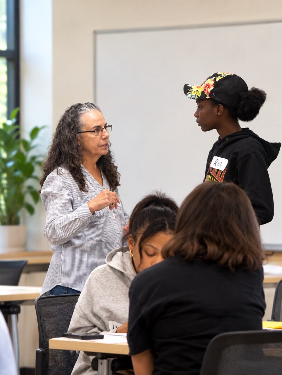 An OhanaHC mentor talking with a young adult at a Pathfinders session, two others working at a table in front of them